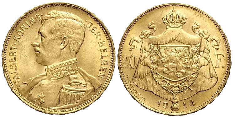 Belgium, Albert I, 20 Francs 1914 ... 