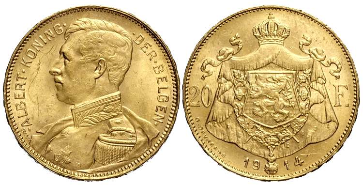 Belgium, Albert I, 20 Francs 1914 ... 