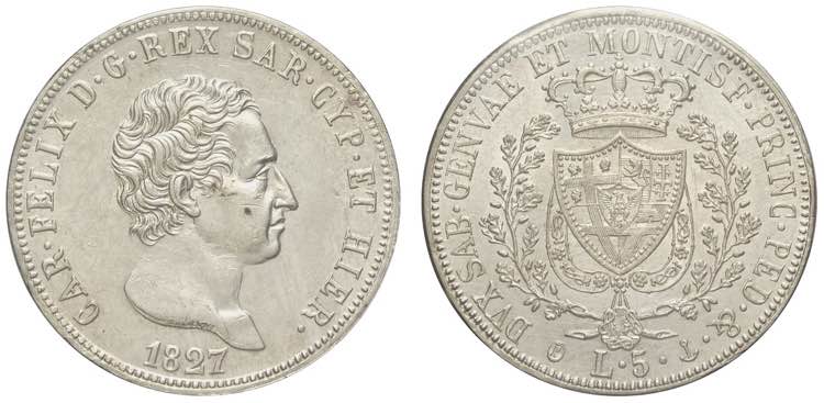 Savoia, Carlo Felice, 5 Lire 1827 ... 