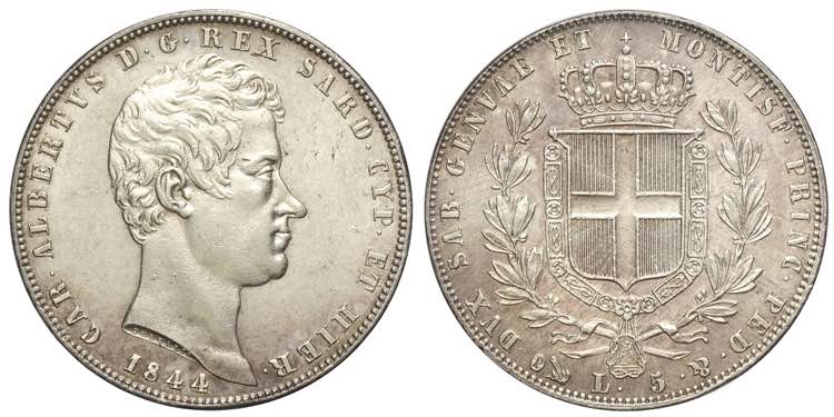 Savoia, Carlo Alberto, 5 Lire 1844 ... 