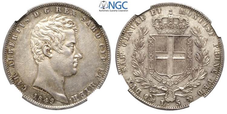 Savoia, Carlo Alberto, 5 Lire 1849 ... 