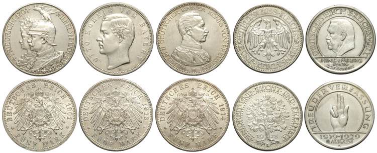 Germany, Lot of 5 coins of 5 mark: ... 