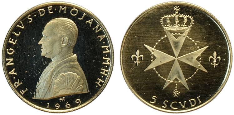 Malta Smom, 5 Scudi 1969, Au 900 g ... 