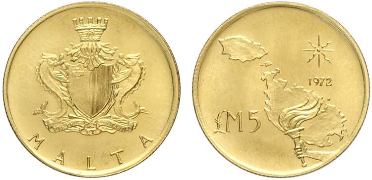Malta, 5 Pounds 1972, Au 917 g ... 