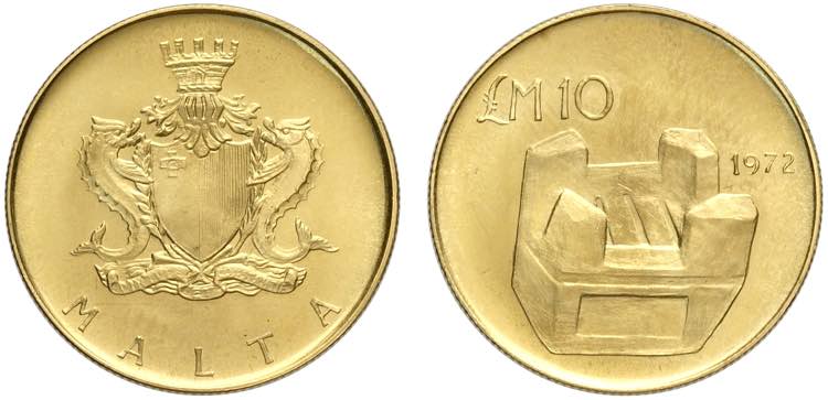 Malta, 10 Pounds 1972, Au 917 g ... 