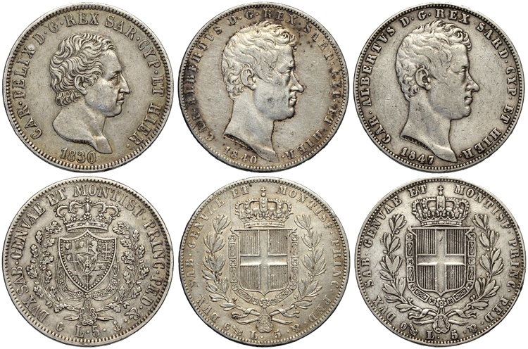 Savoia, Lotto di 5 Lire (3): 1830 ... 