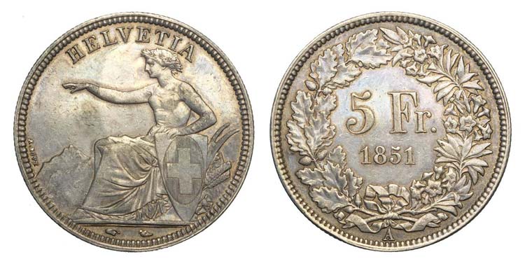 Switzerland - 5 Francs 1851 A - Ag ... 