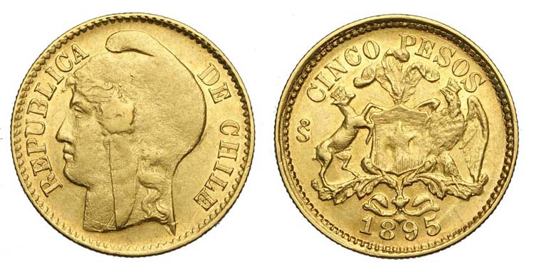 Chile - 5 Pesos 1895 - Au mm 16,9 ... 