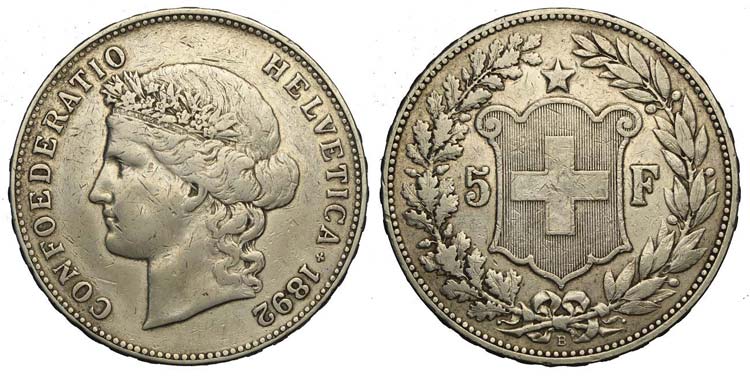 Switzerland - 5 Francs 1892 - Ag ... 