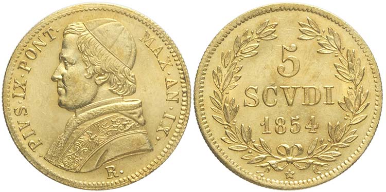 Roma, Pio IX, 5 Scudi 1854 anno ... 