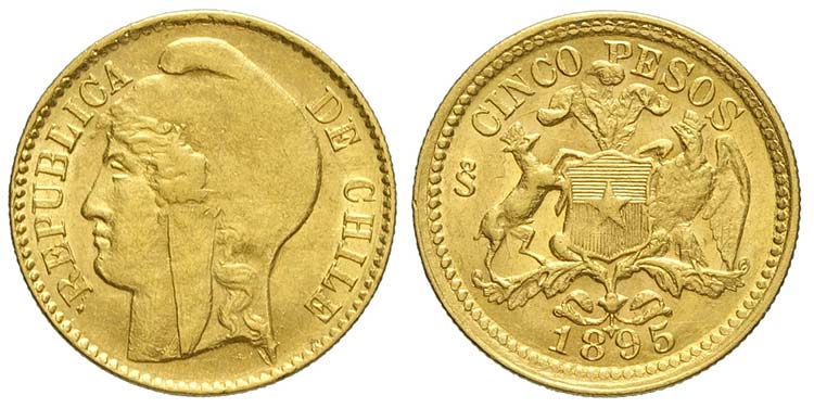 Chile, Republic, 5 Pesos 1895, Au ... 