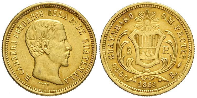 Guatemala, Republic, 5 Pesos 1869, ... 