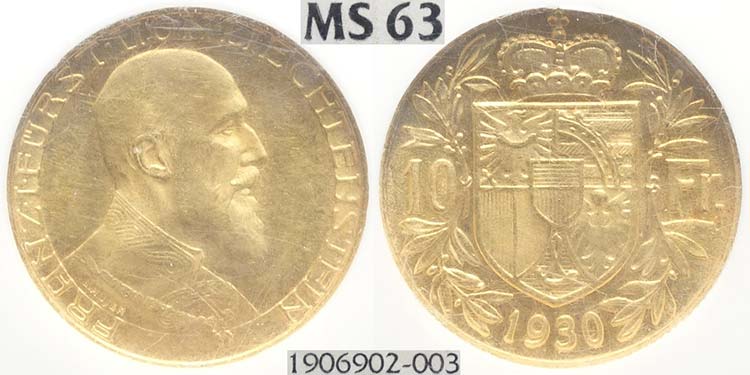 Liechtenstein, Franz I, 10 Franken ... 