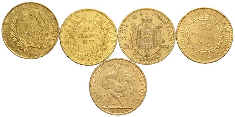 France, Lotto di 5 monete da 20 ... 
