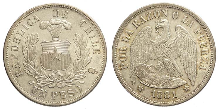 Chile, Republic, Peso 1881, Ag mm ... 