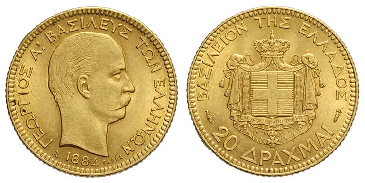 Greece, George I, 20 Drachmai ... 