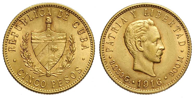 Cuba, Republic, 5 Pesos 1916, Au ... 