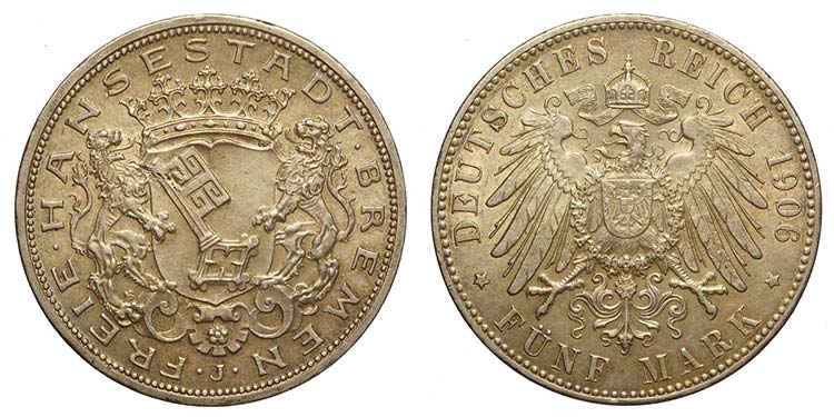 Germany, Bremen, 5 Mark 1906-J, Ag ... 