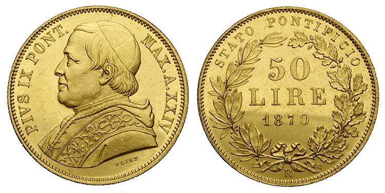 Roma, Pio IX, 50 Lire 1870, RRR Au ... 