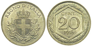 20 Centesimi “Esagono” 1918 C/ Rigato - ... 
