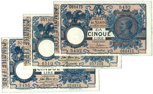 Lotto di 3 banconote da 5 lire decreti ... 