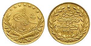 Turkey, Muhammad V, 25 Kurush 1327/2, Au mm ... 