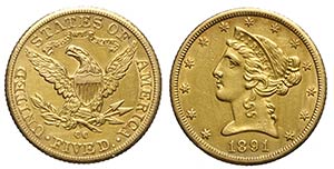 United States of America, 5 Dollars 1891-CC, ... 