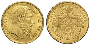 Belgium, Leopold II, 20 Francs 1871 Au mm 21 ... 