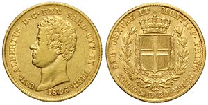 Savoia, Carlo Alberto, 20 Lire 1845 Genova, ... 