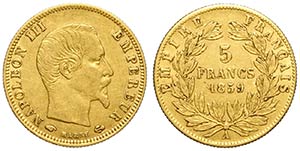 France, Napoleon III, 5 Francs 1859-A, Au mm ... 