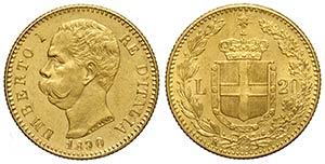 Regno dItalia, Umberto I, 20 Lire 1890, Au ... 
