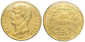 France, Napoleon I, 20 Francs AN 12-A, Au mm ... 