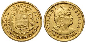 Perù, Republic, 1/5 Libra 1914, Au mm 14 g ... 
