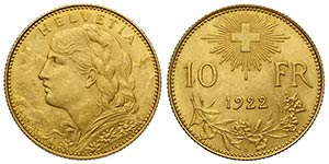 Switzerland, Confederation, 10 Francs 1922, ... 