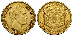 Colombia, Republic, 5 Pesos 1924, Au mm 22 g ... 