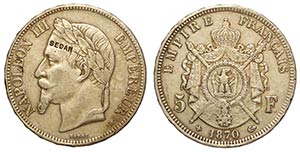 France, Napoleon III, 5 Francs 1870-BB ... 
