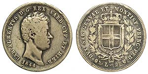 Savoia, Carlo Alberto, 2 Lire 1844 Genova, ... 