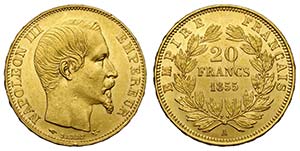 France, Napoleon III, 20 Francs 1855-A, Au ... 