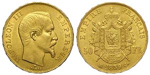 France, Napoleon III, 50 Francs 1859-BB, Au ... 