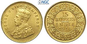 India British, George V, 15 Rupees 1918, Au ... 