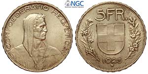 Switzerland, Confederation, 5 Francs 1925-B, ... 