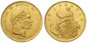 Denmark, Christian IX, 20 Kroner 1876, Au mm ... 