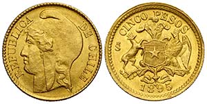 Chile, Republic, 5 Pesos 1895, Au mm 16,5 g ... 
