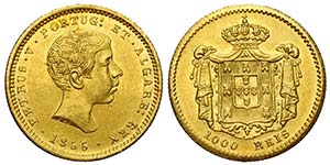 Portugal, Pedro V, 1000 Reis 1855, Au mm 15 ... 