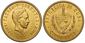 Cuba, Republic, 5 Pesos 1915, Au mm 21 g ... 