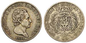 Savoia, Carlo Felice, 5 Lire 1831, RRR Ag mm ... 