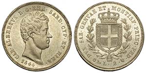 Savoia, Carlo Alberto, 2 Lire 1844 Genova, ... 