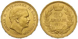 Serbia, Milan I, 20 Dinara 1879-A, Au mm 21 ... 