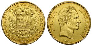 Venezuela, Republic, 100 Bolivares 1886, Au ... 