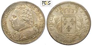 France, Louis XVIII, 5 Francs 1814-A, Ag g ... 